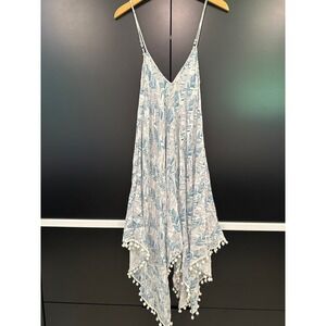 Goa Beachwear by Japna Teal Leaf Print Pom Pom Hem Dress XL Handkerchief Boho